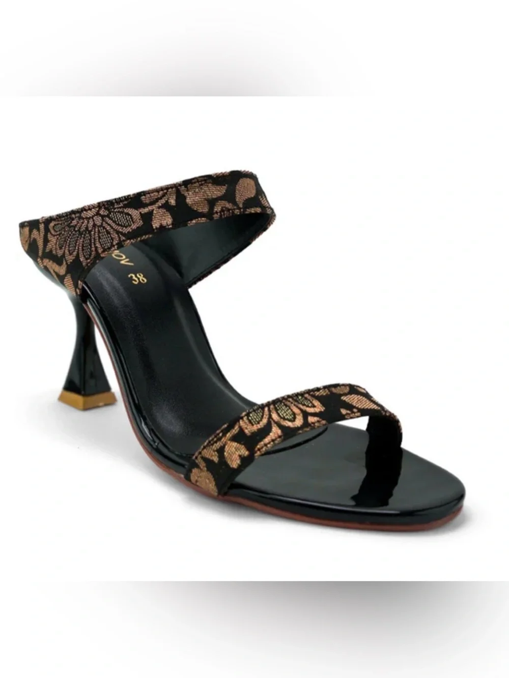 Embroidered Black & Gold Strappy Heels